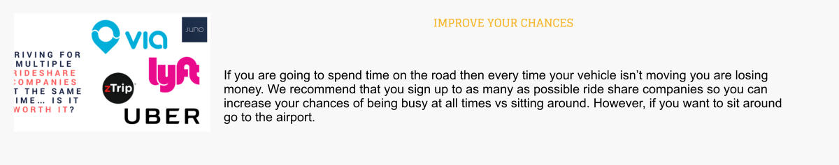 IMPROVE YOUR CHANCES  If you are going to spend time on the road then every time your vehicle isn’t moving you are losing money. We recommend that you sign up to as many as possible ride share companies so you can increase your chances of being busy at all times vs sitting around. However, if you want to sit around go to the airport.